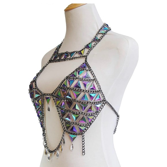 Boho Body Chain Bra Silver Sexy BBody Halter Backless Sequins Chain Body Jewelry - Picture 2 of 5